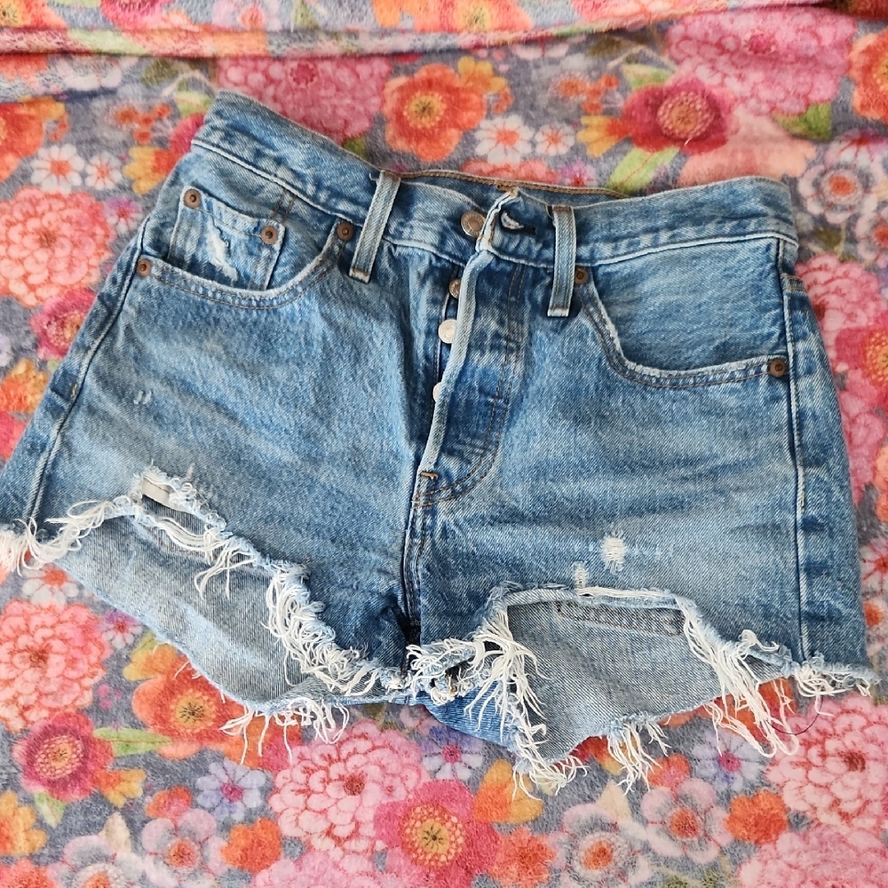 Levi's 501 Shorts Distressed Raw Hem Cut Off Button Fly Classic Denim Grunge
